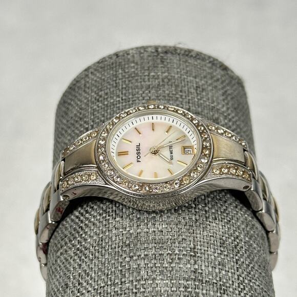 Fossil Blue Watch Womens 25mm Two-Tone MOP Dial Crystal Bezel Date New Battery - Picture 2 of 9